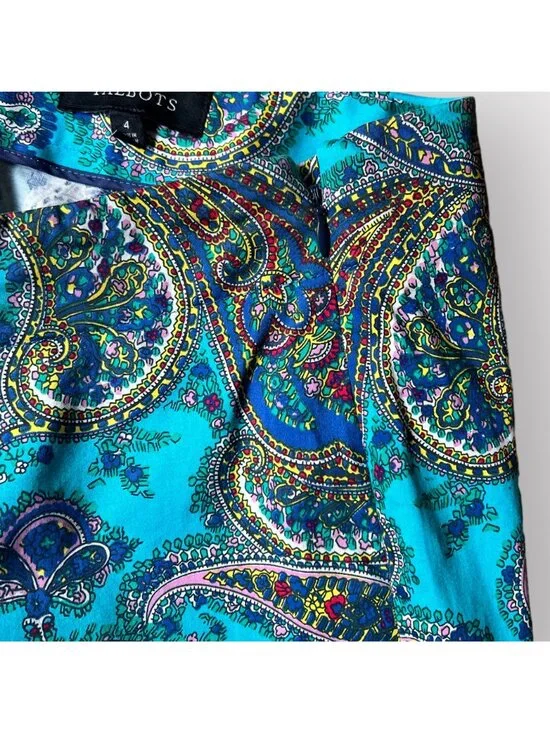 Talbots Size 4 Turquoise Blue Paisley Print Flat Front Slim Cropped Capri Pants - Picture 5 of 10